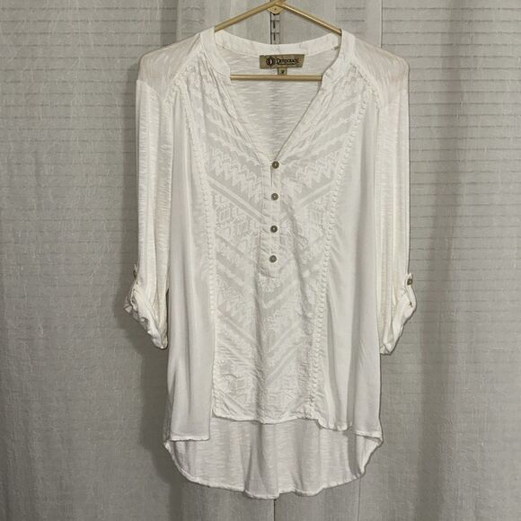 Democracy M Ivory Embroidered Crochet Lace Button Front Tab Sleeve High Low Top - Picture 7 of 10